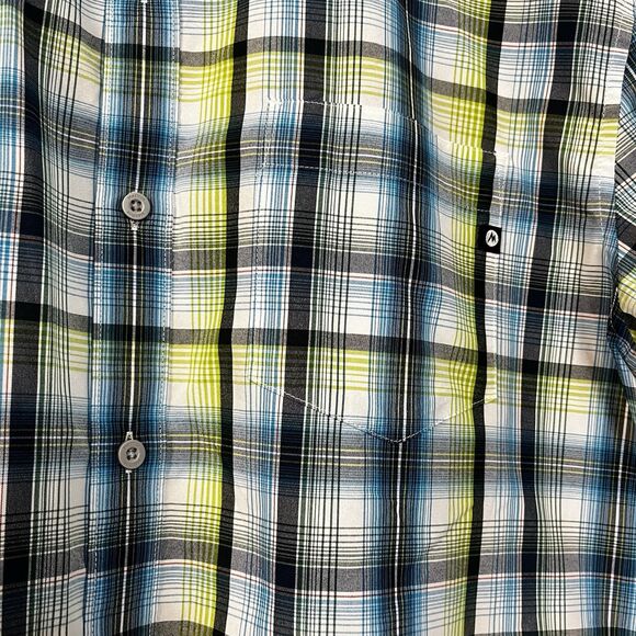 Marmot For Life Mens Gorpcore Button Up Short Sleeve Size L Blue Green Plaid - Picture 8 of 14